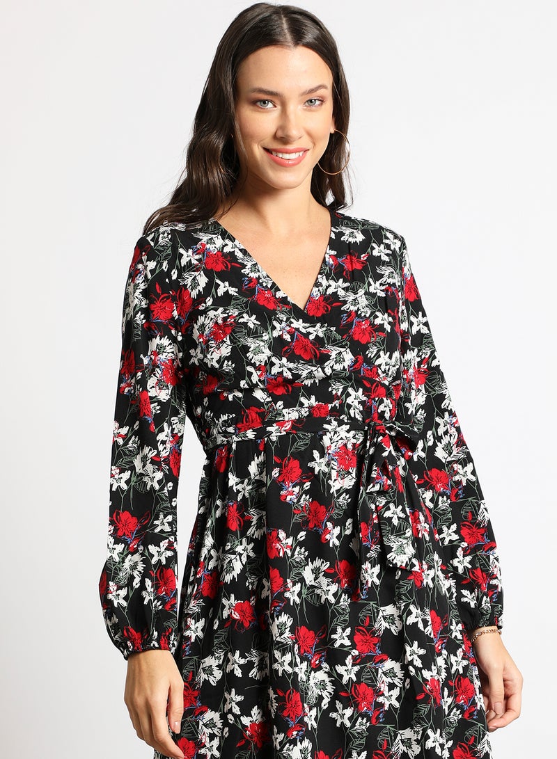 Aila - Women's Casual V-Neck Floral Print Long Sleeve Maxi Dress 1-Blackprint - Image 1