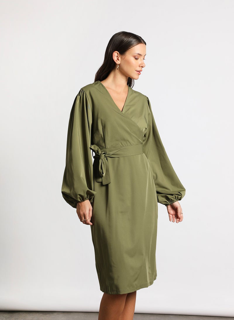 Aila - Women's Casual V-Neck Solid Design Long Sleeve Maxi Dress 2-Olive - Image 1