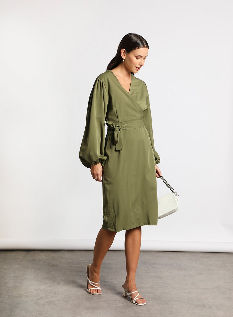 Aila - Women's Casual V-Neck Solid Design Long Sleeve Maxi Dress 2-Olive - Image 1