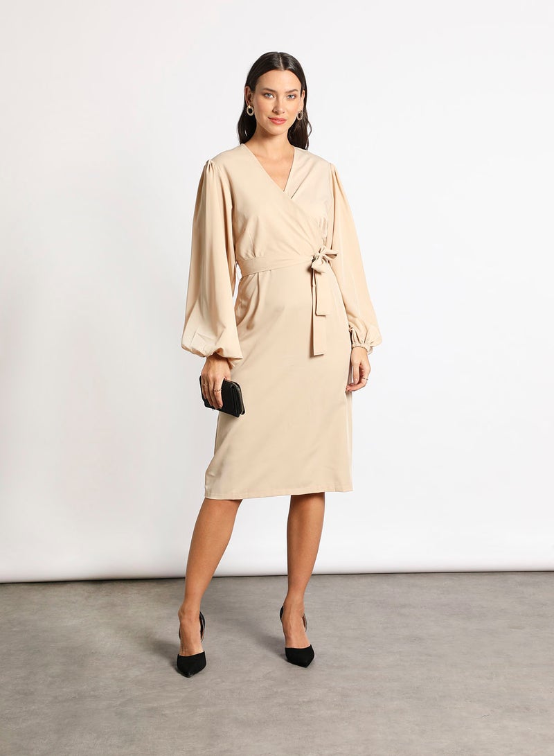 Aila - Women's Casual V-Neck Solid Design Long Sleeve Maxi Dress 4-Nude - Image 1