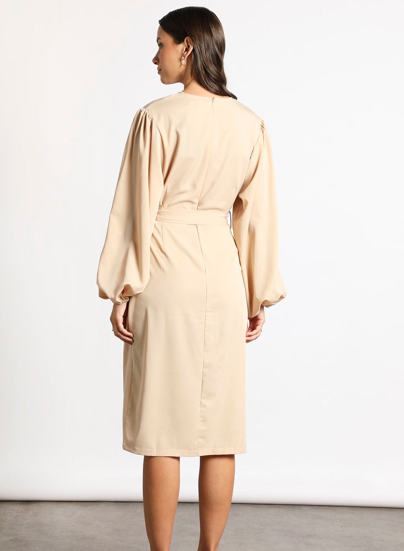 Aila - Women's Casual V-Neck Solid Design Long Sleeve Maxi Dress 4-Nude - Image 1