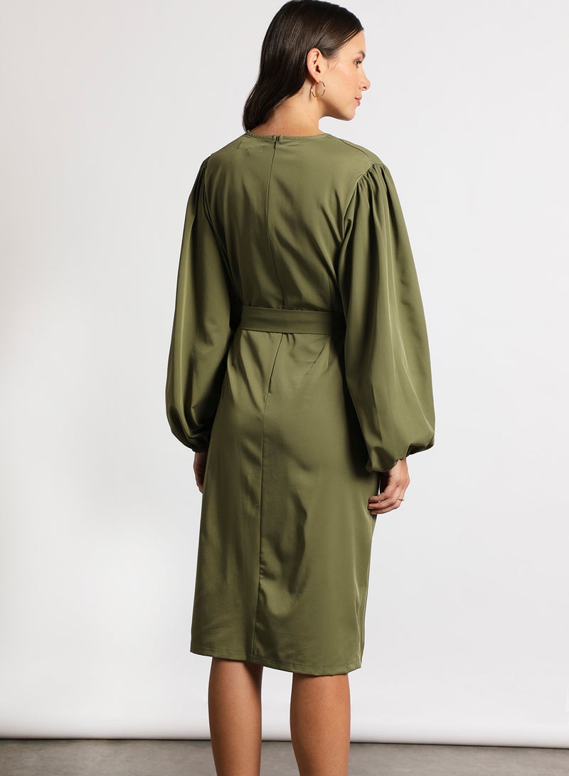 Aila - Women's Casual V-Neck Solid Design Long Sleeve Maxi Dress 2-Olive - Image 1