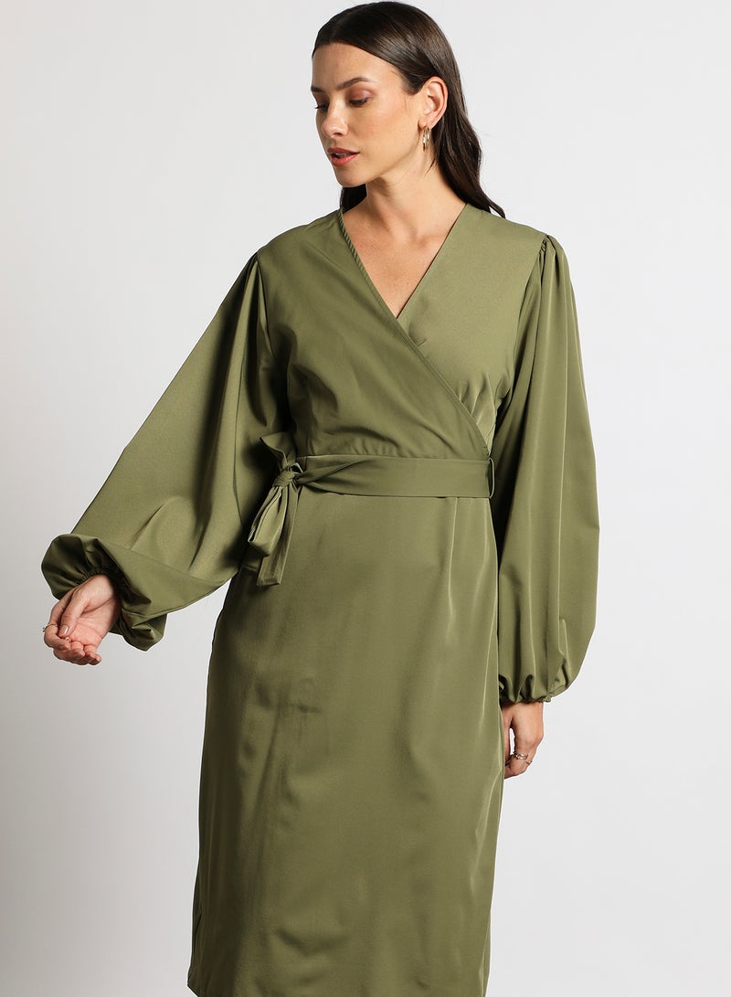Aila - Women's Casual V-Neck Solid Design Long Sleeve Maxi Dress 2-Olive - Image 1