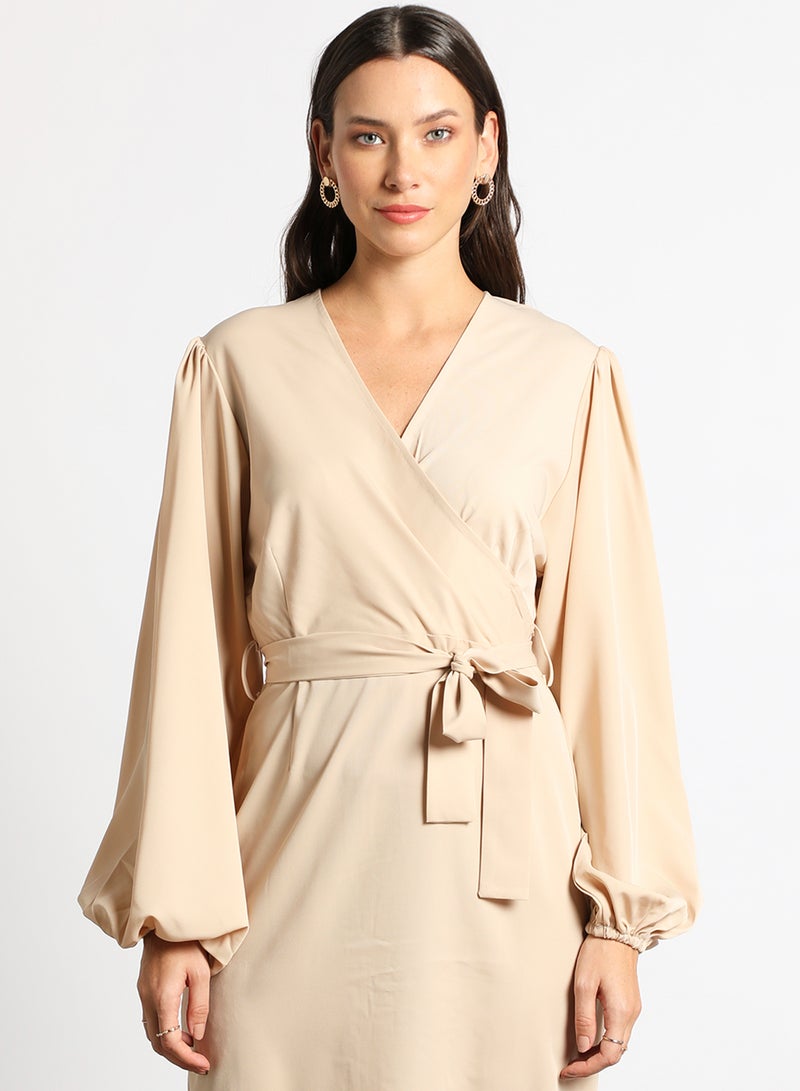 Aila - Women's Casual V-Neck Solid Design Long Sleeve Maxi Dress 4-Nude - Image 1