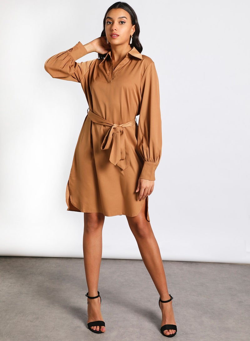Aila - Women's Casual Shirt Collar Solid Design Long Sleeve Midi Dress 1-Camel - Image 1