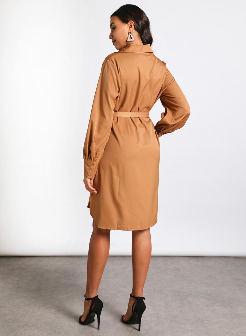 Aila - Women's Casual Shirt Collar Solid Design Long Sleeve Midi Dress 1-Camel - Image 1