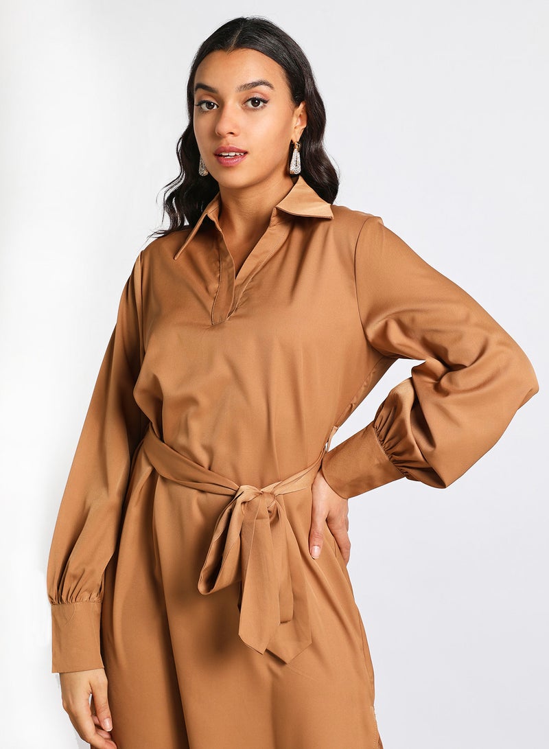 Aila - Women's Casual Shirt Collar Solid Design Long Sleeve Midi Dress 1-Camel - Image 1