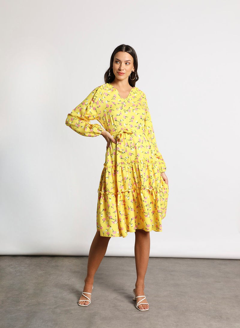 Aila - Women's Casual V-Neck Floral Print Long Sleeve Maxi Dress Yellow Floral Print - Image 1