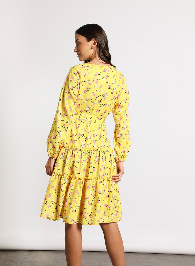 Aila - Women's Casual V-Neck Floral Print Long Sleeve Maxi Dress Yellow Floral Print - Image 1