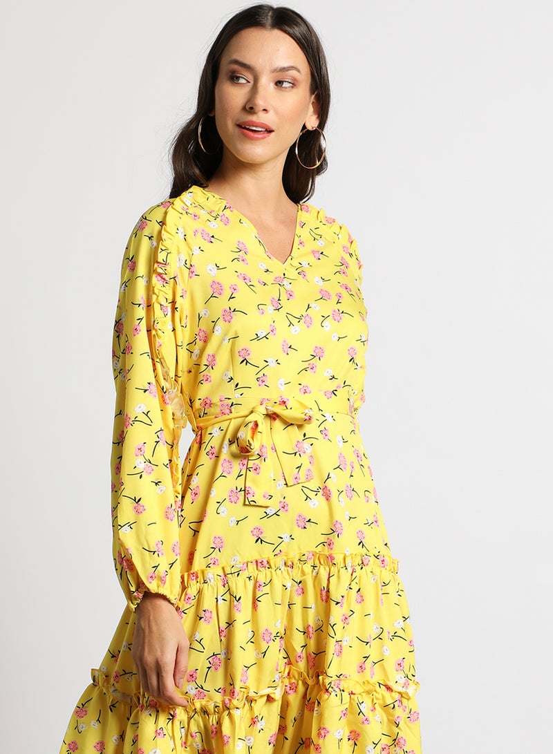 Aila - Women's Casual V-Neck Floral Print Long Sleeve Maxi Dress Yellow Floral Print - Image 1