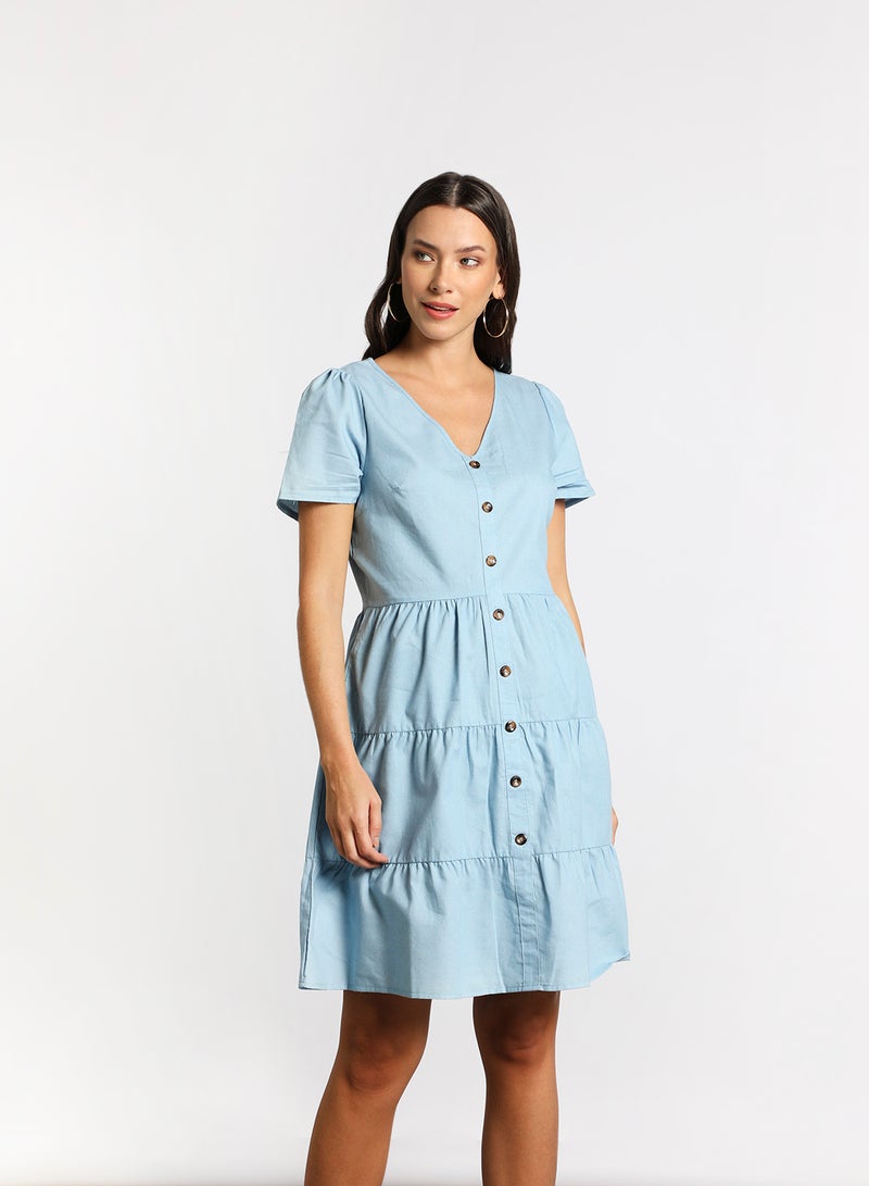 Aila - Women's Casual V-Neck Solid Design Short Sleeve Maxi Dress 2-Lite Blue - Image 1