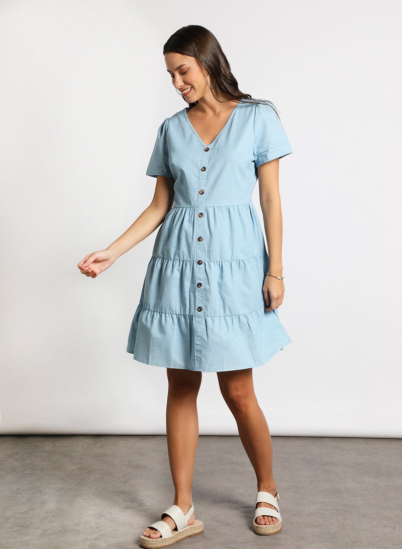 Aila - Women's Casual V-Neck Solid Design Short Sleeve Maxi Dress 2-Lite Blue - Image 1