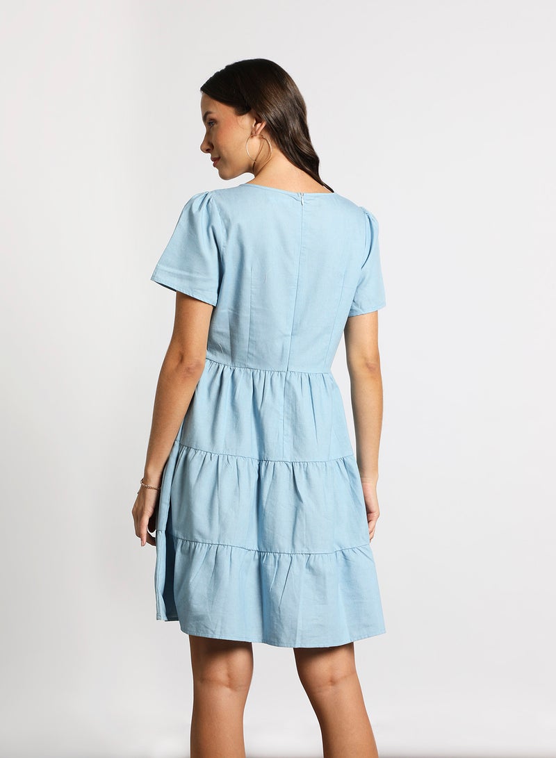 Aila - Women's Casual V-Neck Solid Design Short Sleeve Maxi Dress 2-Lite Blue - Image 1