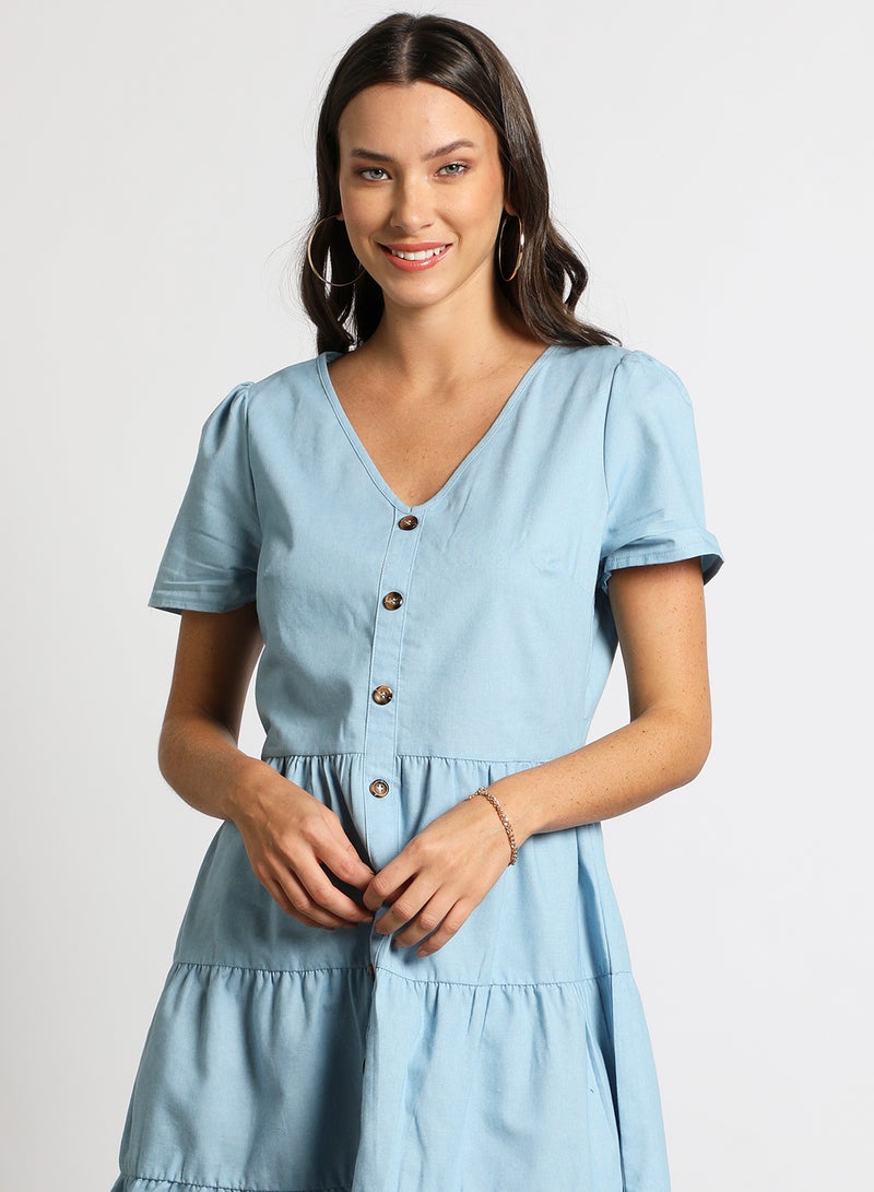 Aila - Women's Casual V-Neck Solid Design Short Sleeve Maxi Dress 2-Lite Blue - Image 1