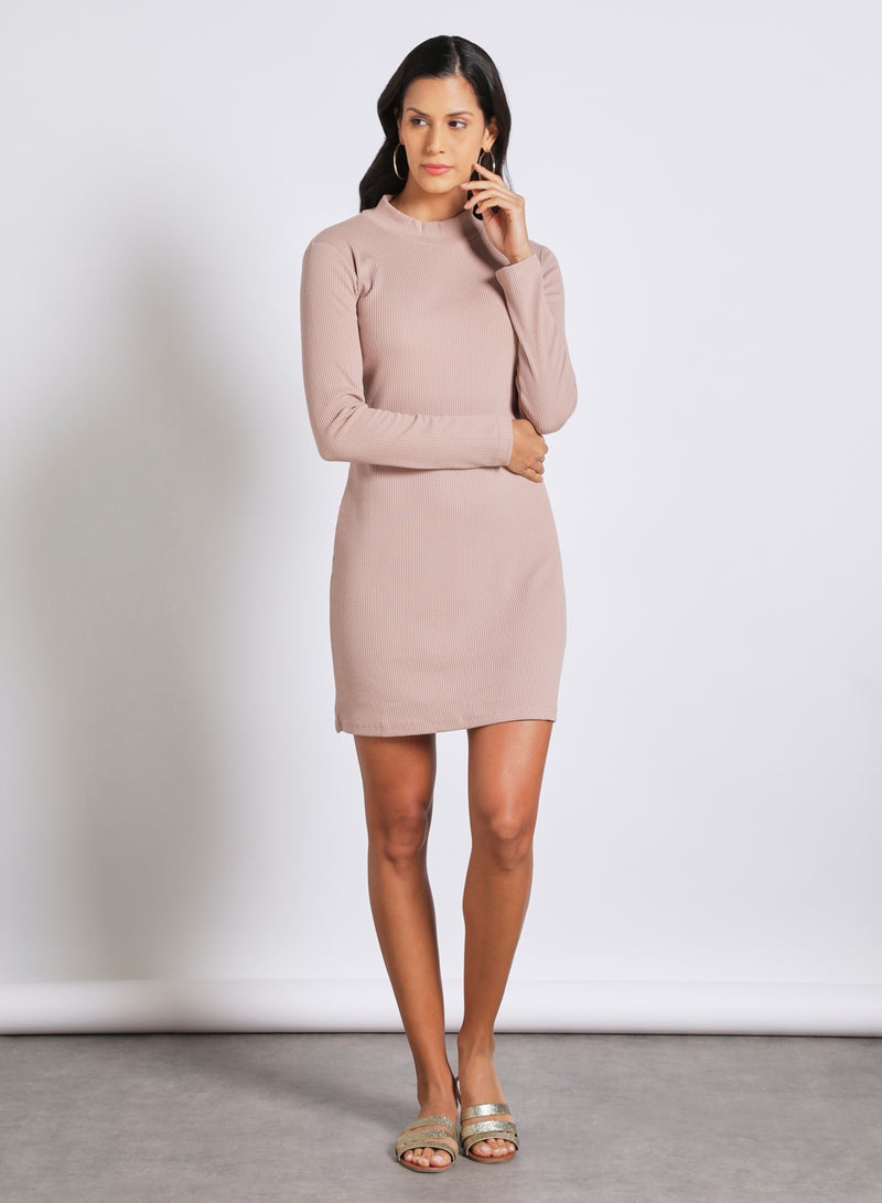 Aila Women's Full Sleeves Round Neck Midi Jersey Dress Apricot  - Image 1