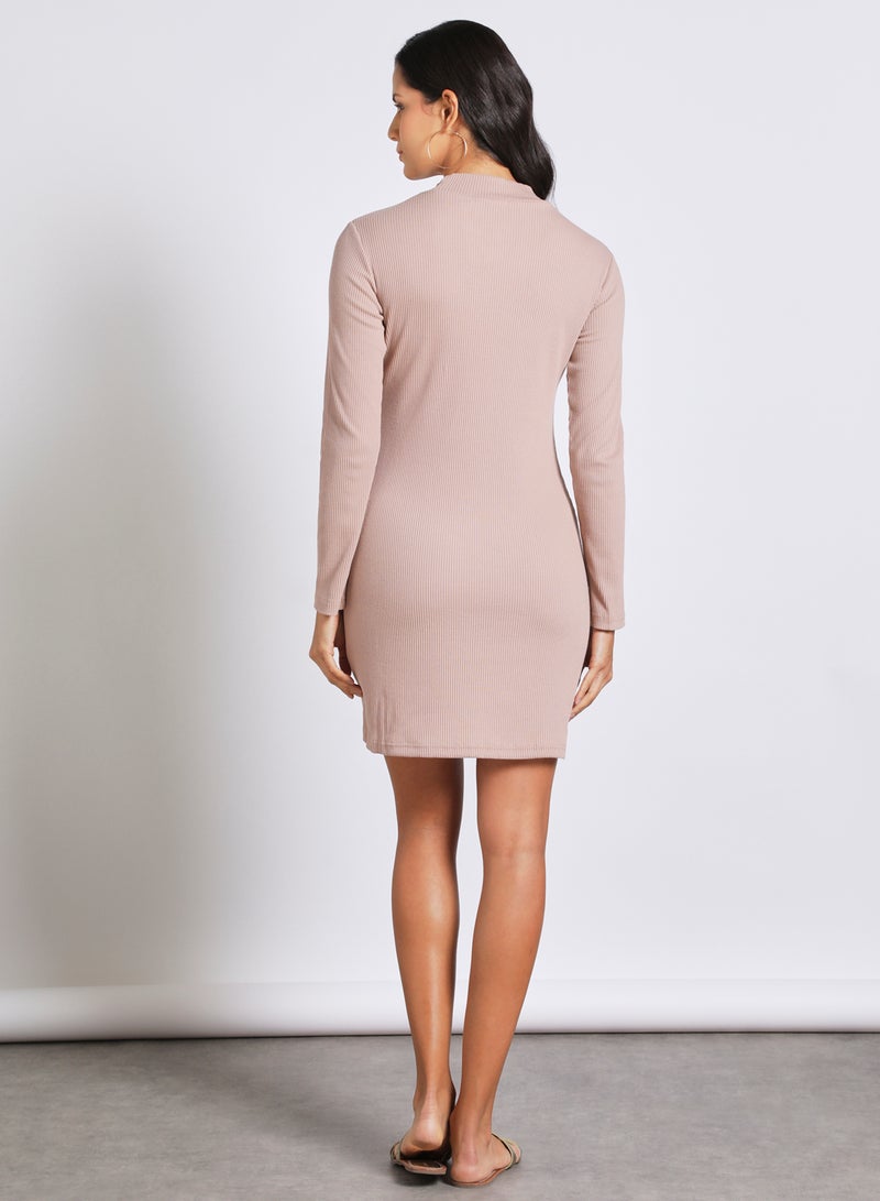Aila Women's Full Sleeves Round Neck Midi Jersey Dress Apricot  - Image 3