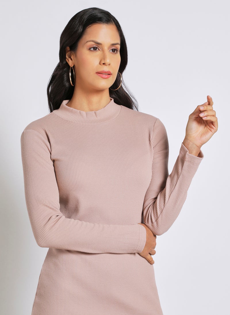 Aila Women's Full Sleeves Round Neck Midi Jersey Dress Apricot  - Image 4