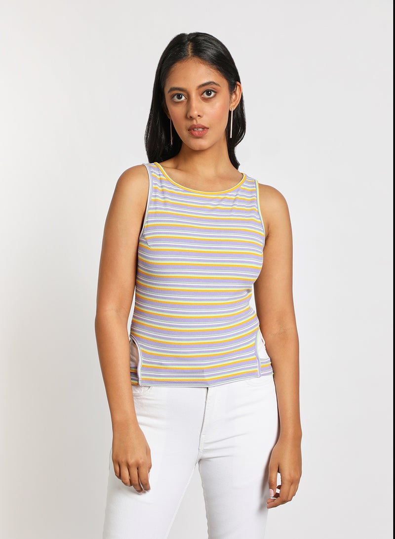 Aila Women's Casual Sleeveless Bodysuit Purple/White/Yellow  - Image 1