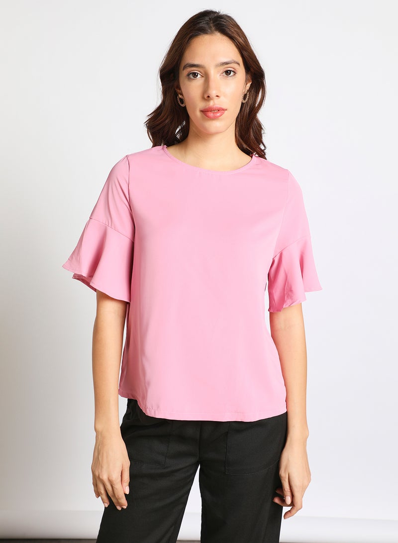 Aila Women's Casual Flared Short Sleeve Polyester Blend Top With Round Neck Plain/Basic Pattern Pink  - Image 1