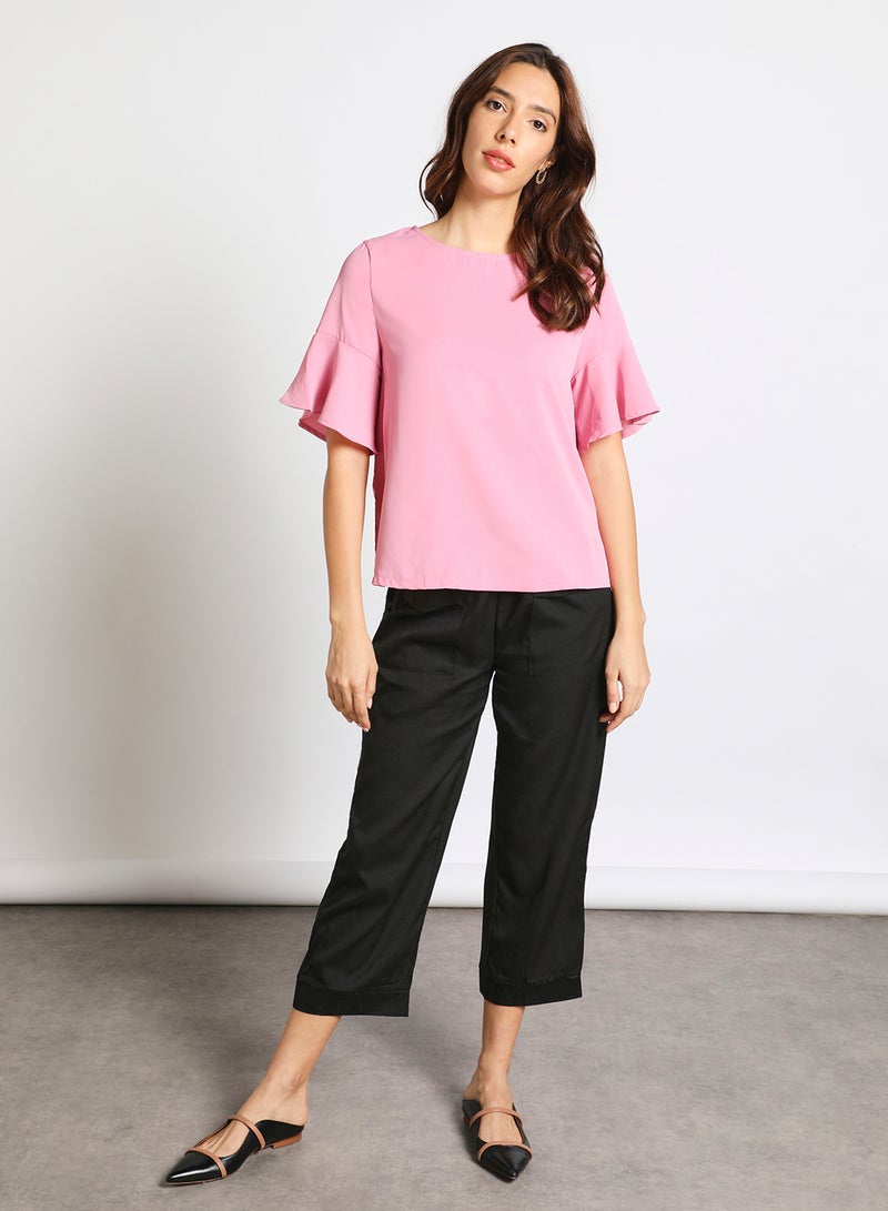 Aila Women's Casual Flared Short Sleeve Polyester Blend Top With Round Neck Plain/Basic Pattern Pink  - Image 2
