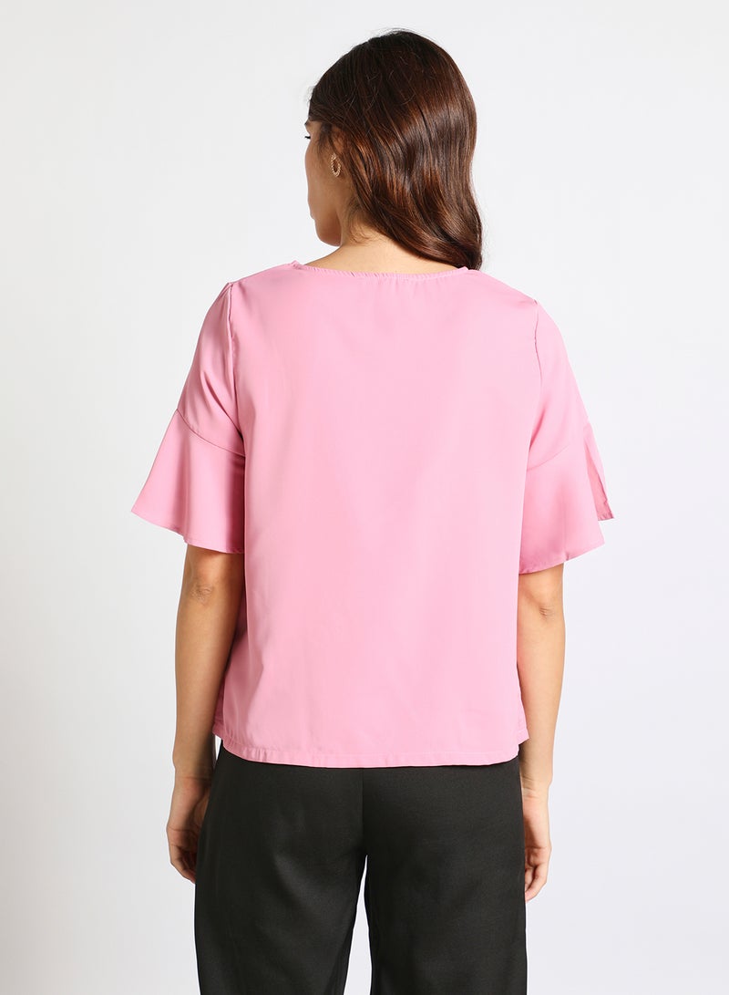 Aila Women's Casual Flared Short Sleeve Polyester Blend Top With Round Neck Plain/Basic Pattern Pink  - Image 3