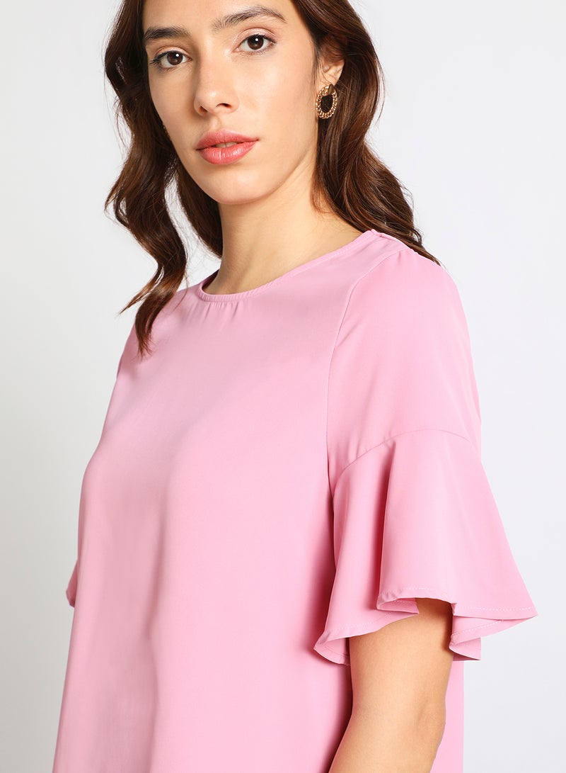 Aila Women's Casual Flared Short Sleeve Polyester Blend Top With Round Neck Plain/Basic Pattern Pink  - Image 4