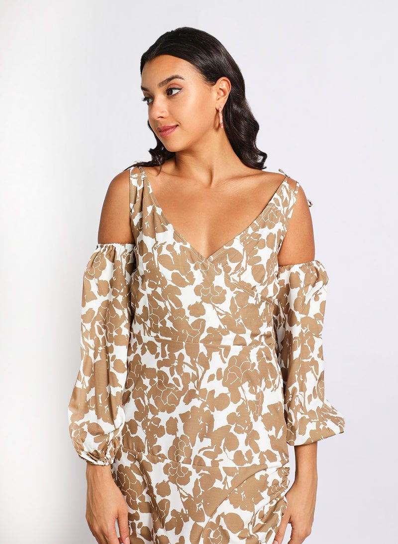 Aila Rayon Three-Quarter Sleeve Cold Shoulder Mini Dress With V-Neck Printed Pattern Brown/White  - Image 4