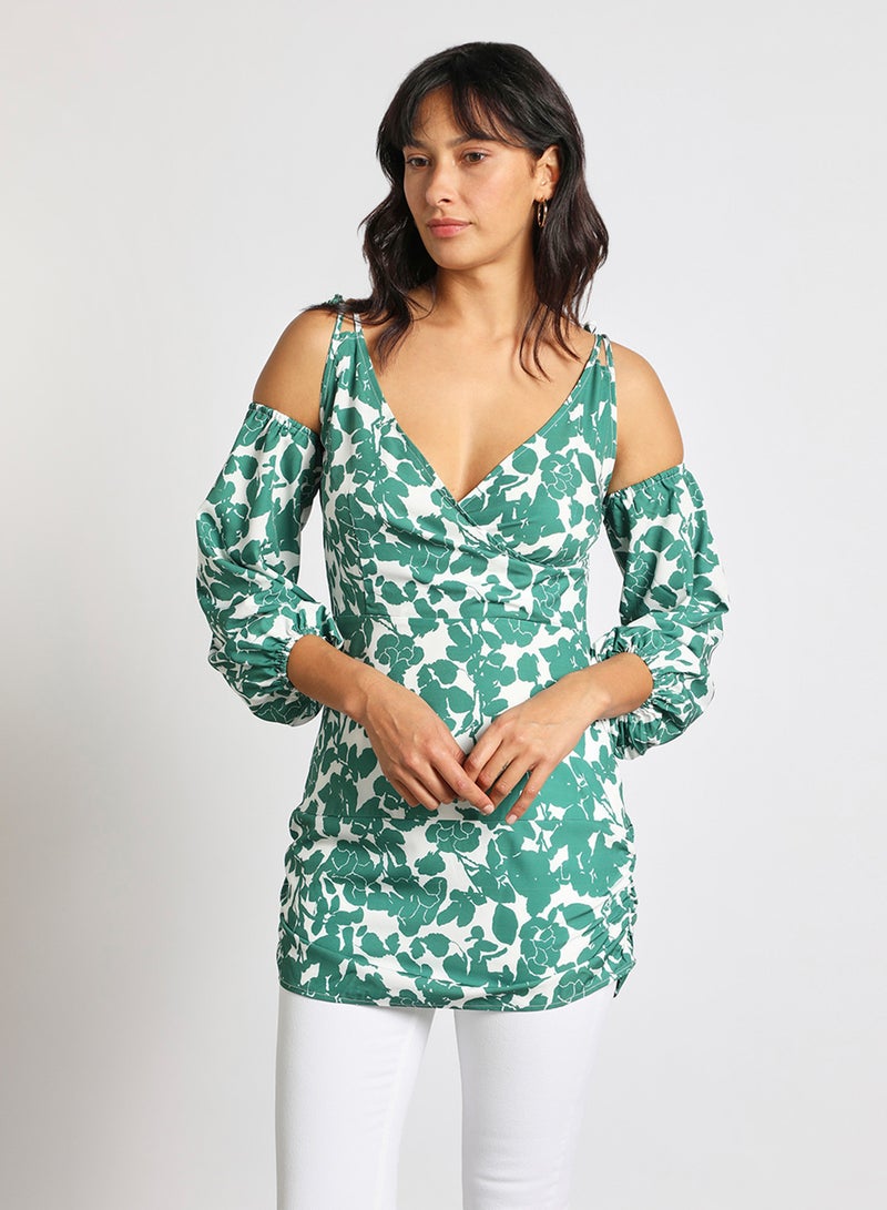 Aila "Rayon 	Three-Quarter Sleeve Cold Shoulder Mini Dress With V-Neck Printed Pettern" Green/White  - Image 1