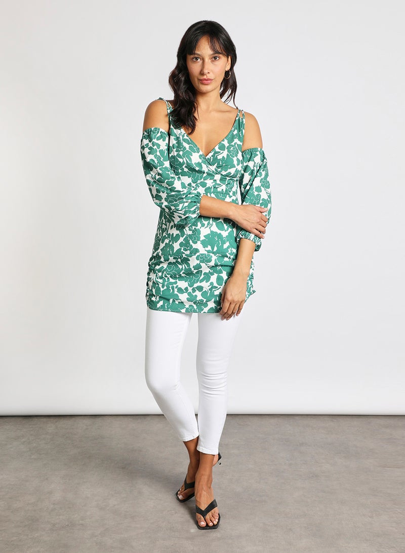 Aila "Rayon 	Three-Quarter Sleeve Cold Shoulder Mini Dress With V-Neck Printed Pettern" Green/White  - Image 2