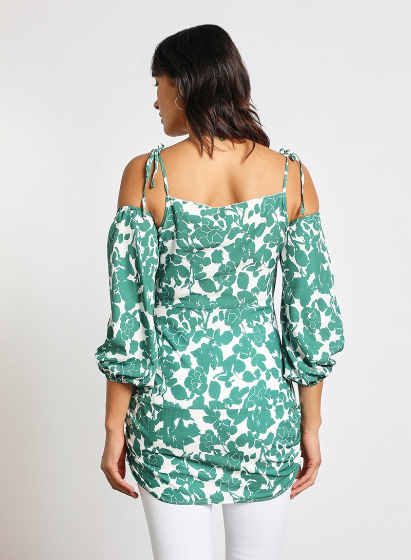 Aila "Rayon 	Three-Quarter Sleeve Cold Shoulder Mini Dress With V-Neck Printed Pettern" Green/White  - Image 3