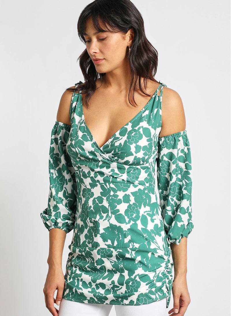 Aila "Rayon 	Three-Quarter Sleeve Cold Shoulder Mini Dress With V-Neck Printed Pettern" Green/White  - Image 4