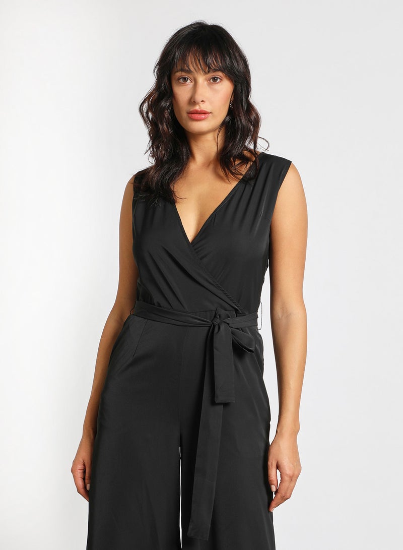Aila - Sleeveless Slim Fit Midi Length Jumpsuit With V Neck Wide Leg Black - Image 1