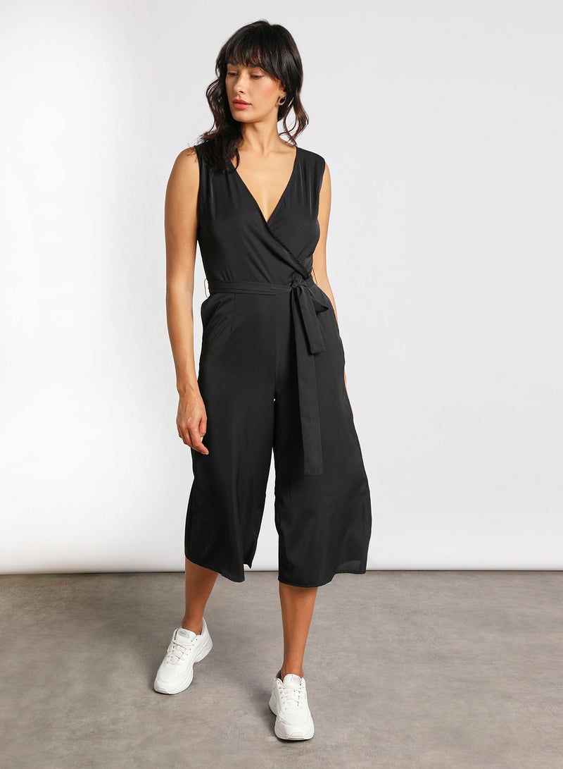 Aila - Sleeveless Slim Fit Midi Length Jumpsuit With V Neck Wide Leg Black - Image 1