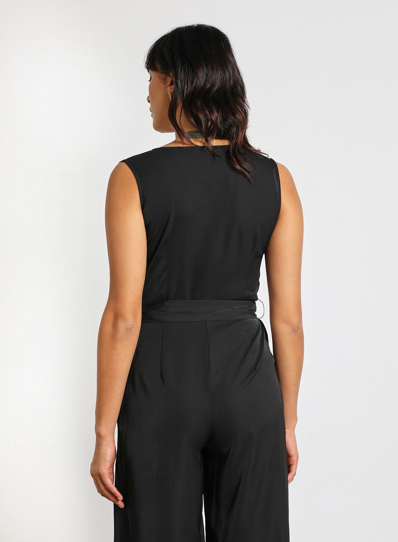 Aila - Sleeveless Slim Fit Midi Length Jumpsuit With V Neck Wide Leg Black - Image 1