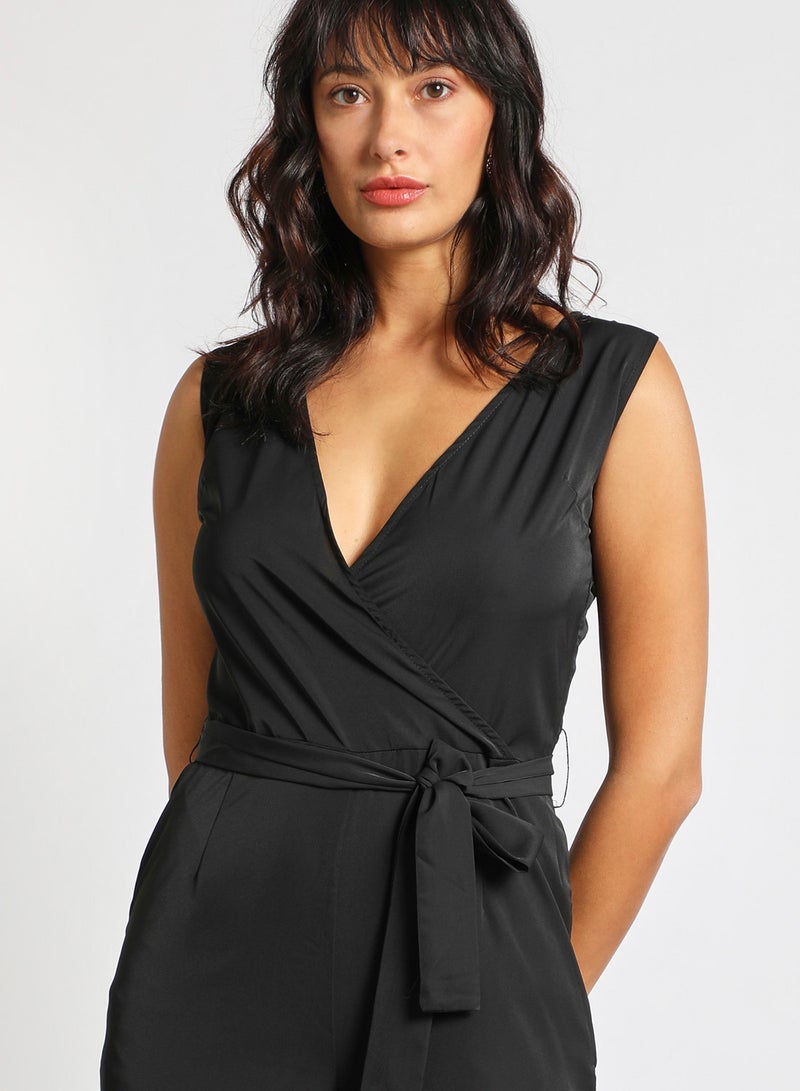 Aila - Sleeveless Slim Fit Midi Length Jumpsuit With V Neck Wide Leg Black - Image 1