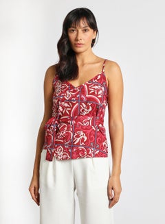 Aila Women's Casual Straps Sleeveless Cotton Blend Cami Crop Top With V-Neck And Belt Printed Pattern Red/White/Blue  - Image 1