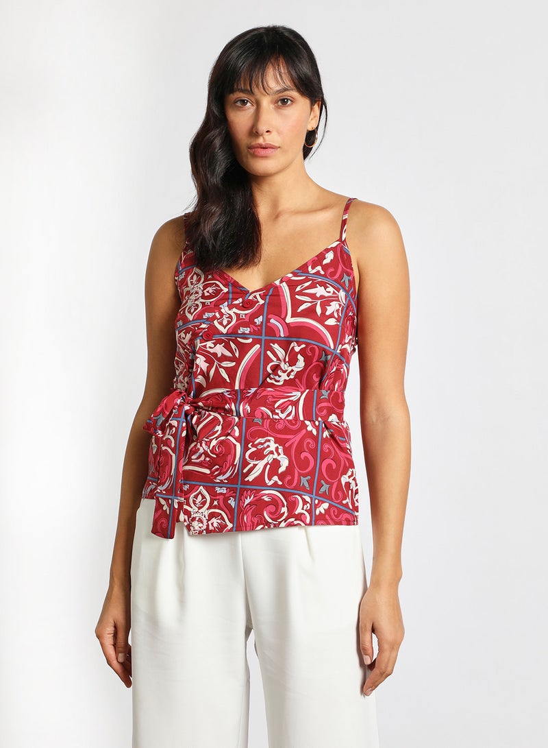 Aila - Women's Casual Straps Sleeveless Cotton Blend Cami Crop Top With V-Neck And Belt Printed Pattern Red/White/Blue - Image 1