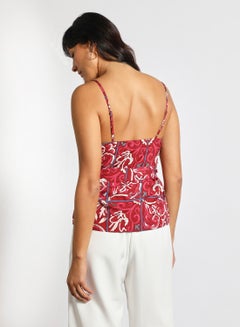 Aila Women's Casual Straps Sleeveless Cotton Blend Cami Crop Top With V-Neck And Belt Printed Pattern Red/White/Blue  - Image 3