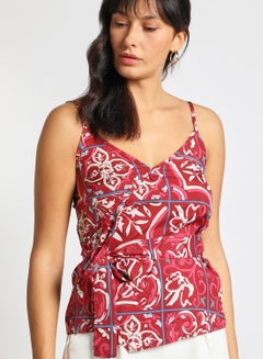 Aila Women's Casual Straps Sleeveless Cotton Blend Cami Crop Top With V-Neck And Belt Printed Pattern Red/White/Blue  - Image 4