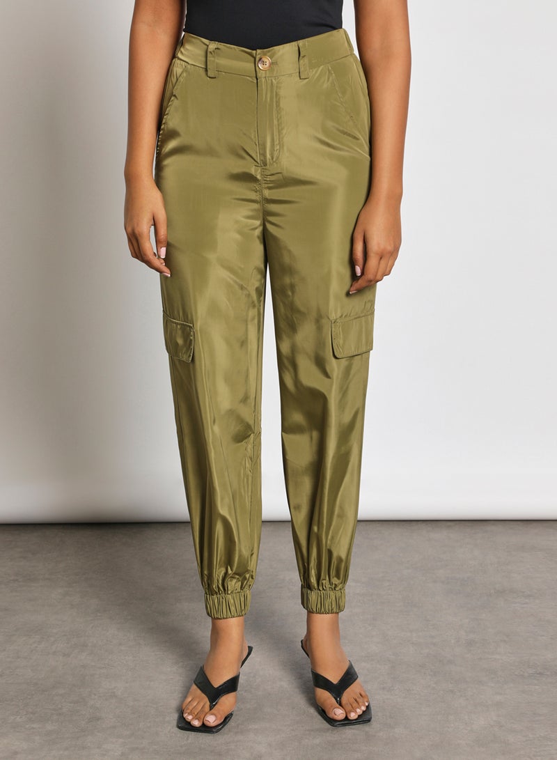 Aila Women's Casual Mid-Rise Ankle Length Slim Fit Ankle Banded Pants With Side Patched Pocket Green  - Image 1