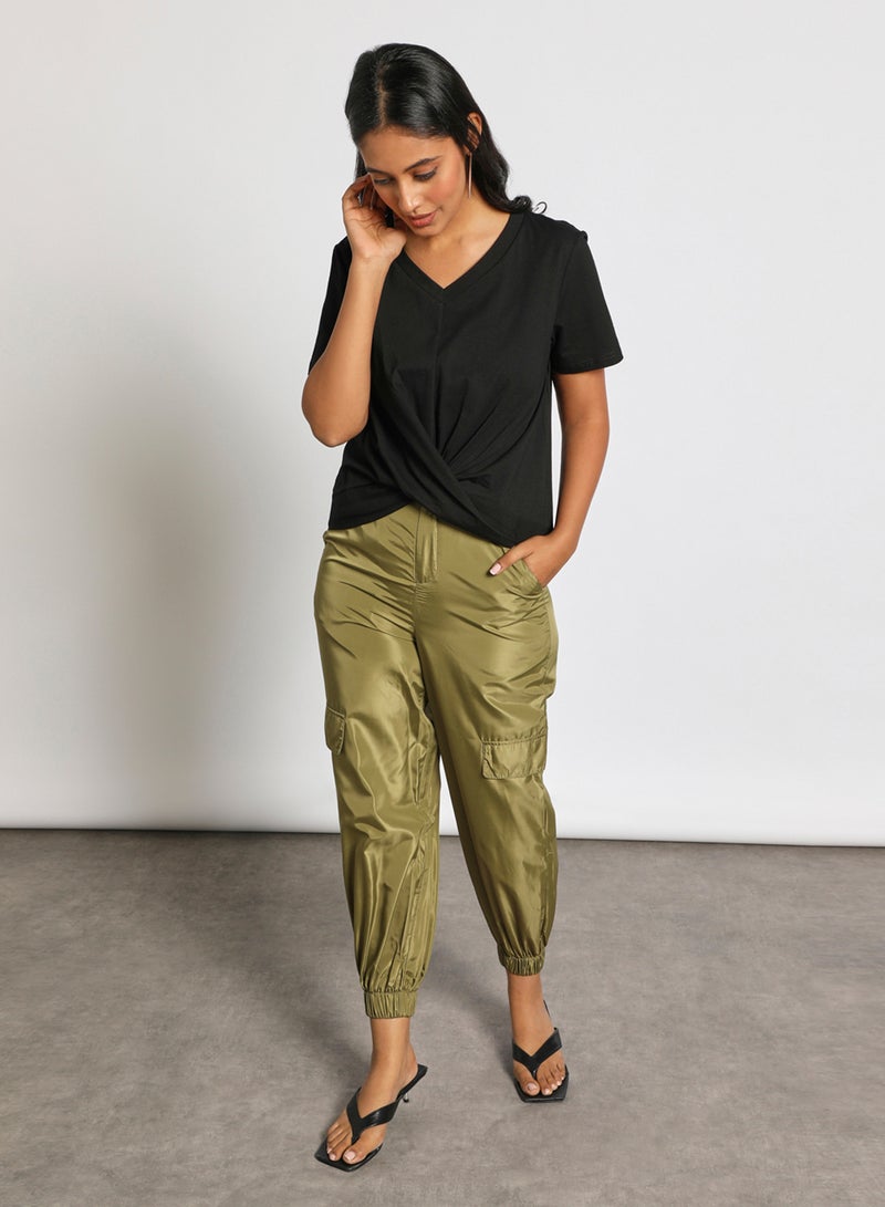 Aila Women's Casual Mid-Rise Ankle Length Slim Fit Ankle Banded Pants With Side Patched Pocket Green  - Image 2