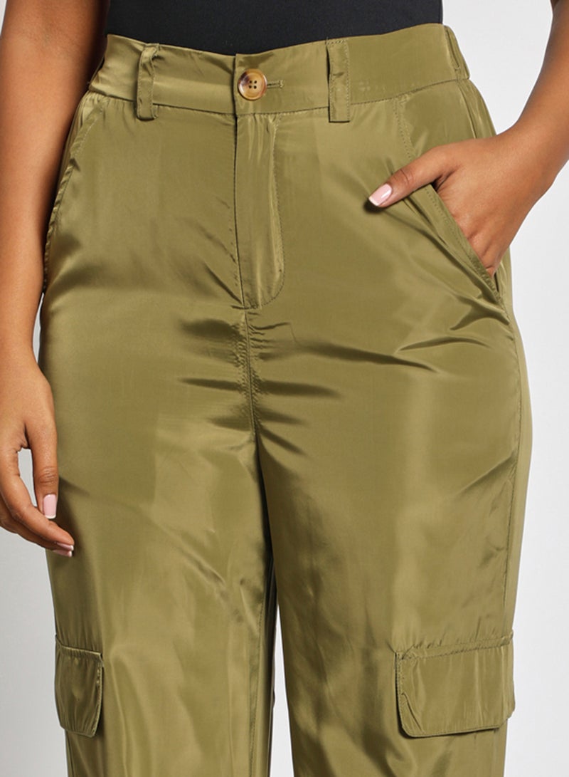 Aila Women's Casual Mid-Rise Ankle Length Slim Fit Ankle Banded Pants With Side Patched Pocket Green  - Image 4