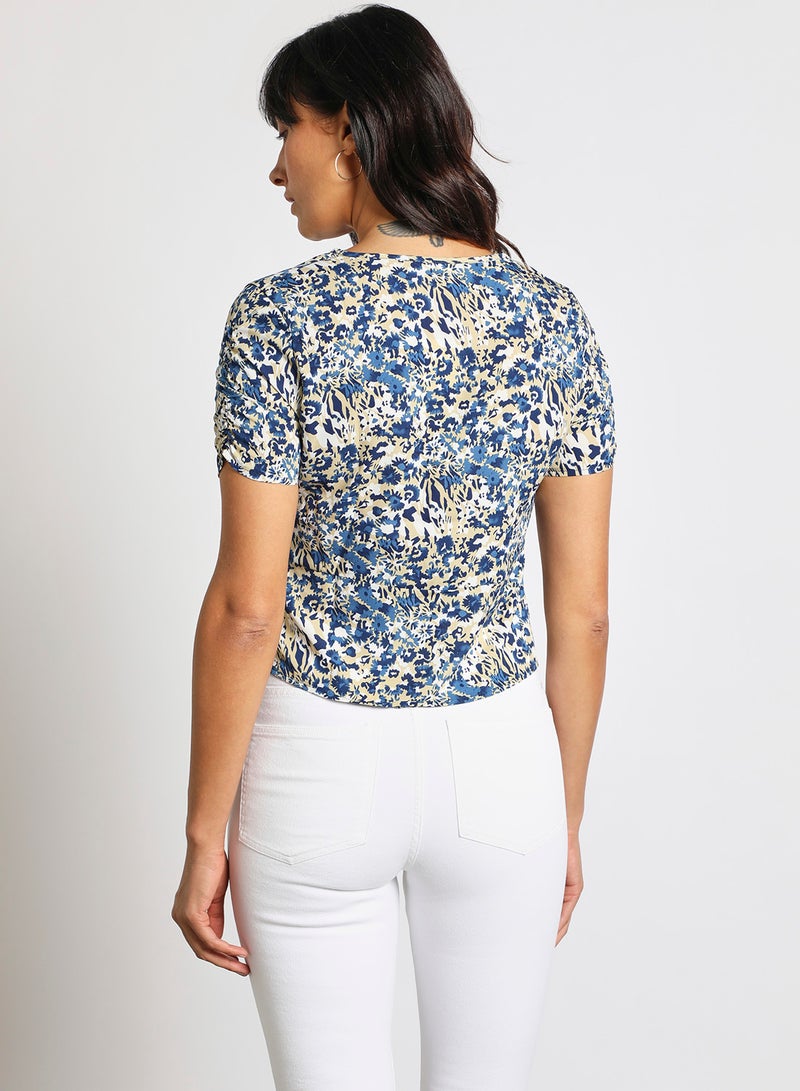 Aila - Women's Short Sleeves V-Neck Crop Top Blue/White/Beige - Image 1