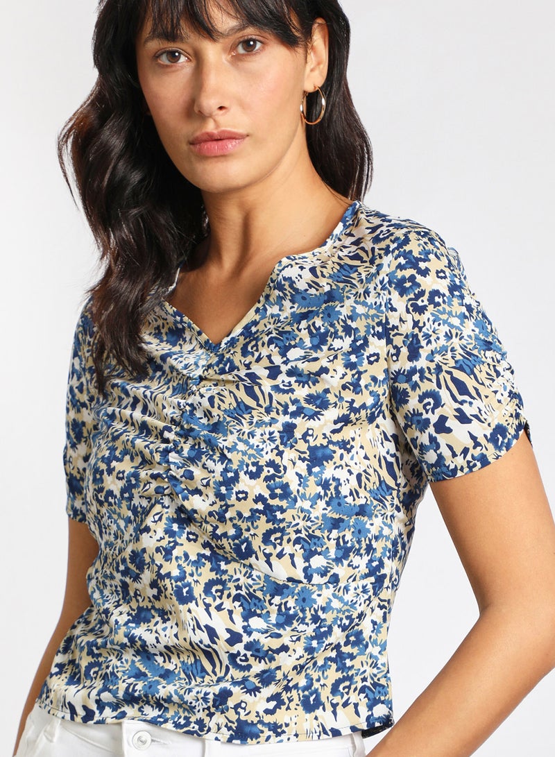 Aila - Women's Short Sleeves V-Neck Crop Top Blue/White/Beige - Image 1