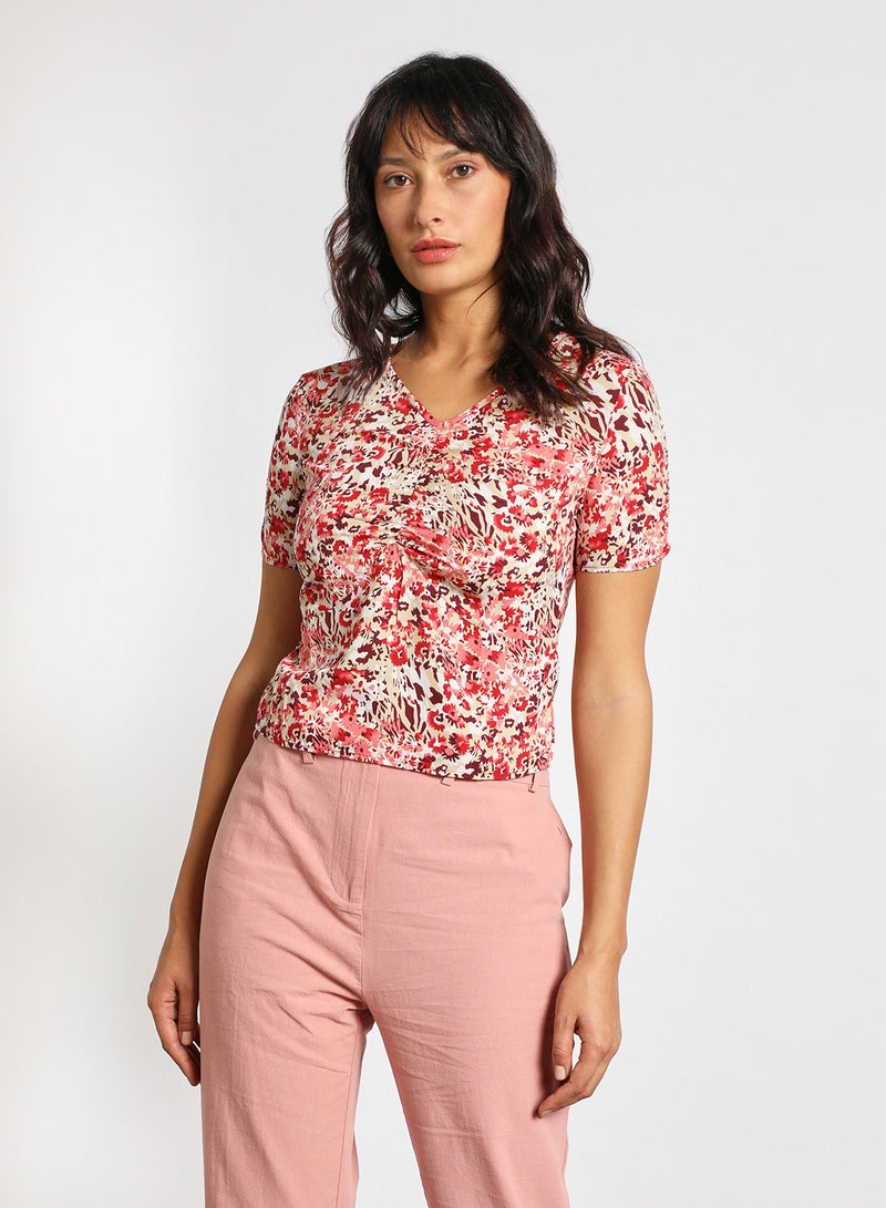 Aila - Women's Short Sleeves V-Neck Crop Top Red/White/Purple - Image 1