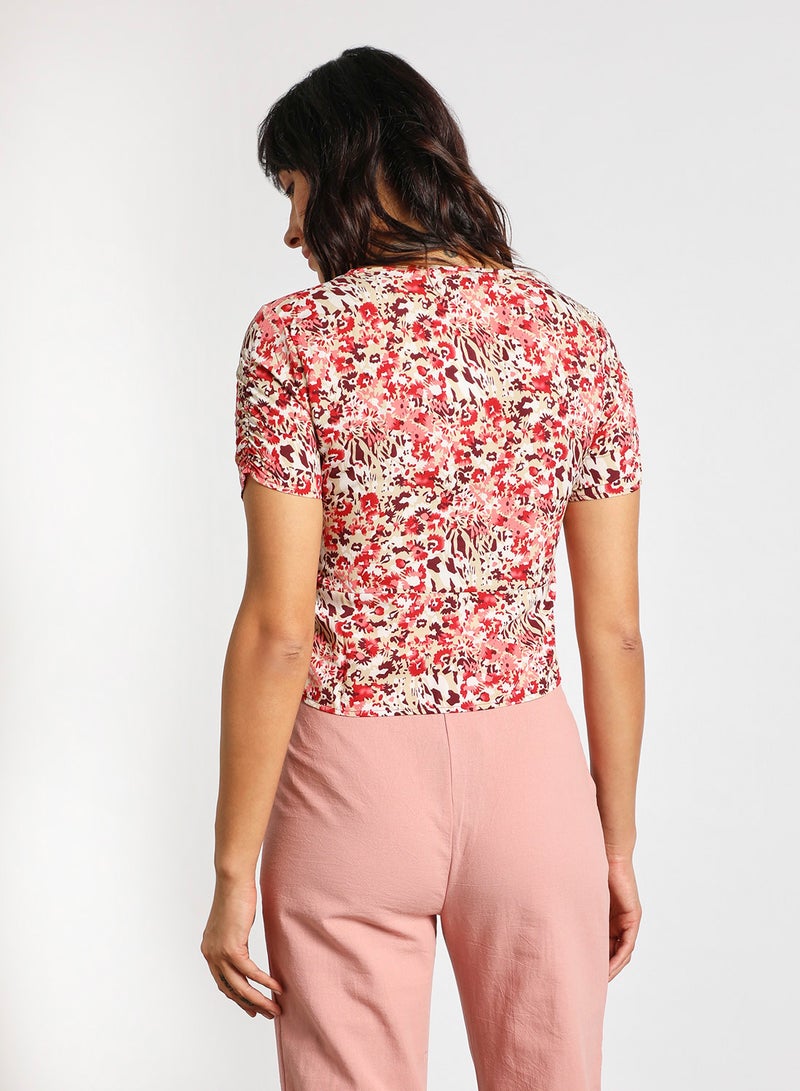 Aila - Women's Short Sleeves V-Neck Crop Top Red/White/Purple - Image 1