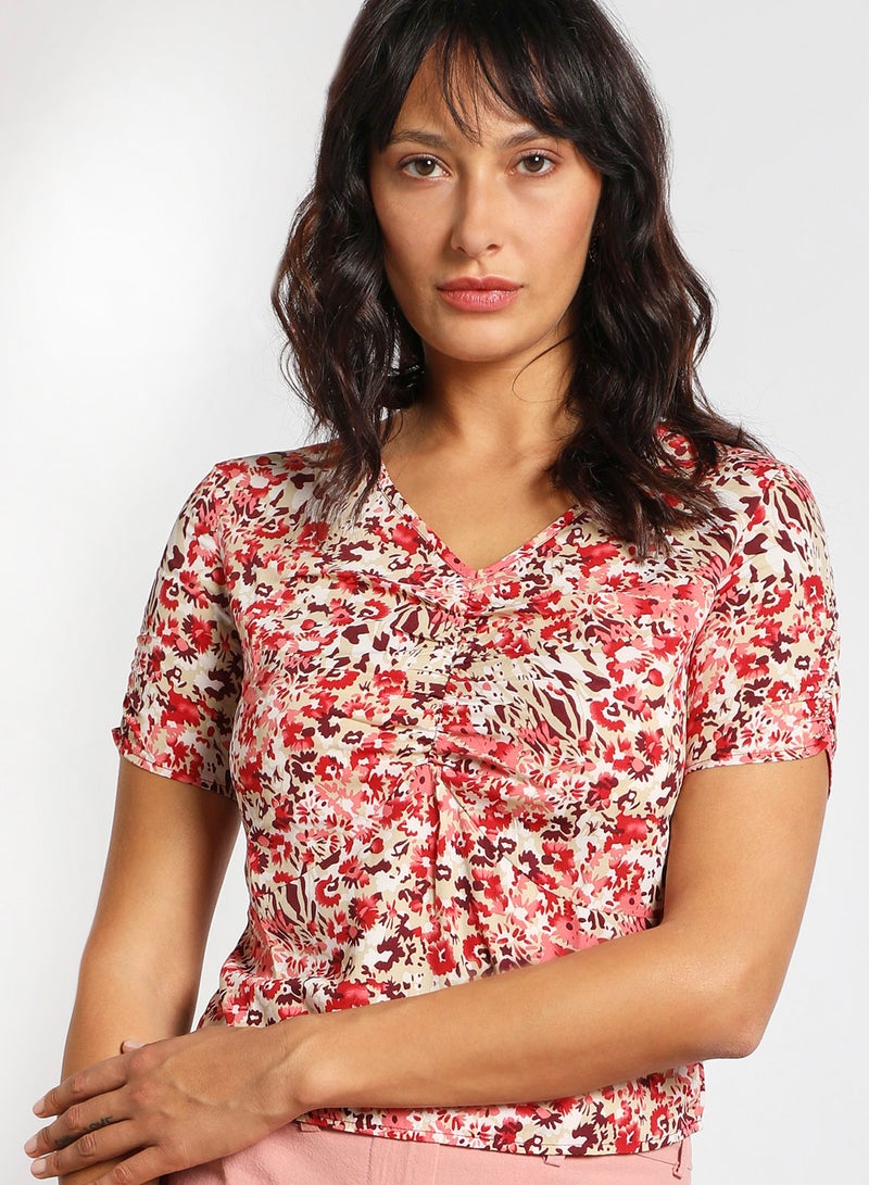 Aila - Women's Short Sleeves V-Neck Crop Top Red/White/Purple - Image 1