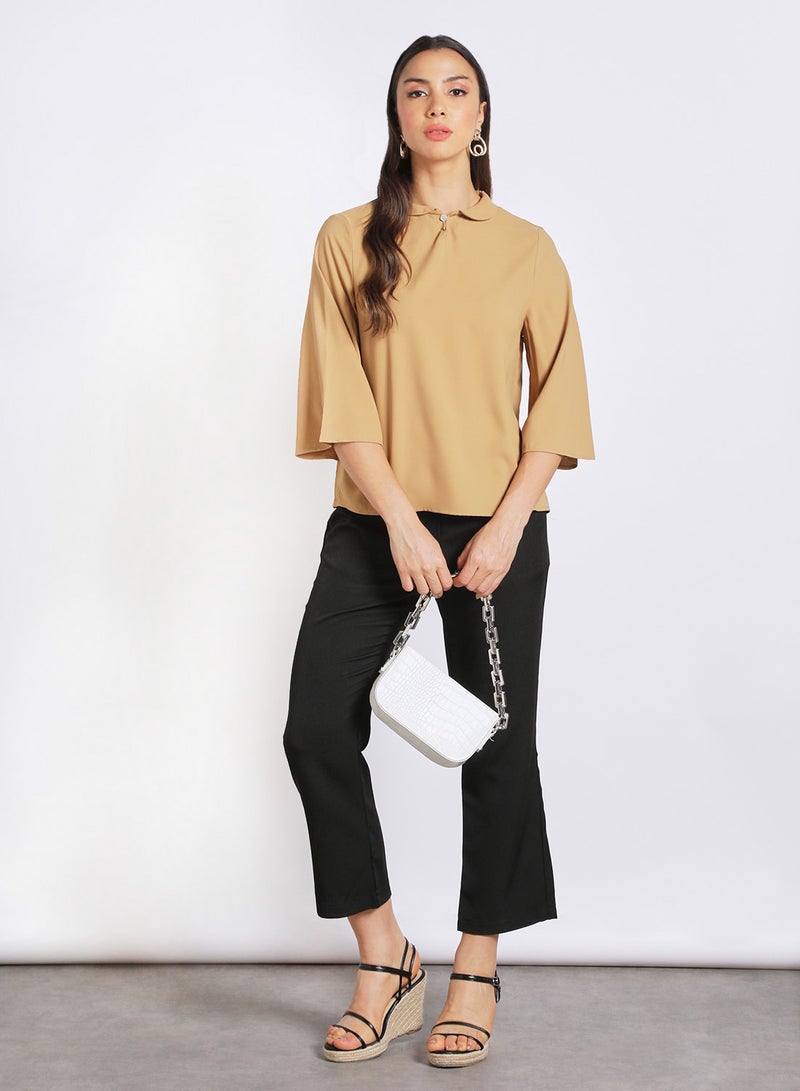 Aila - Women's Causal Half Bell Sleeve Polyester Blend Blouse With Round Neck Flat Collar Brown - Image 1