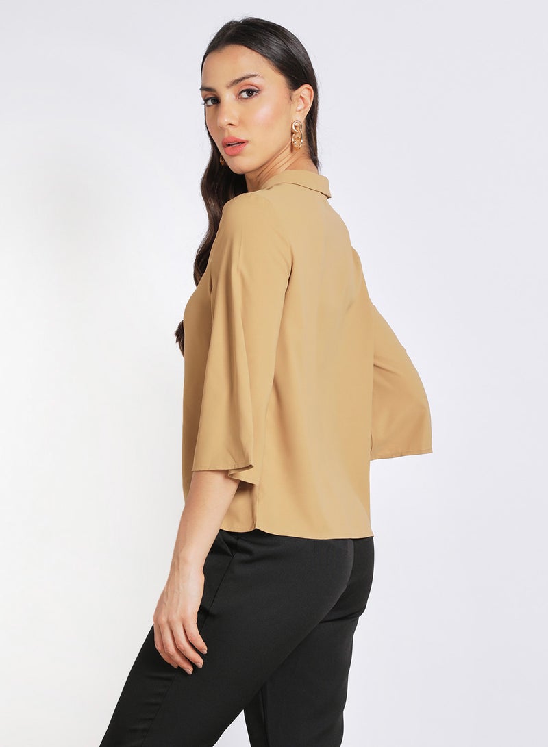 Aila - Women's Causal Half Bell Sleeve Polyester Blend Blouse With Round Neck Flat Collar Brown - Image 1
