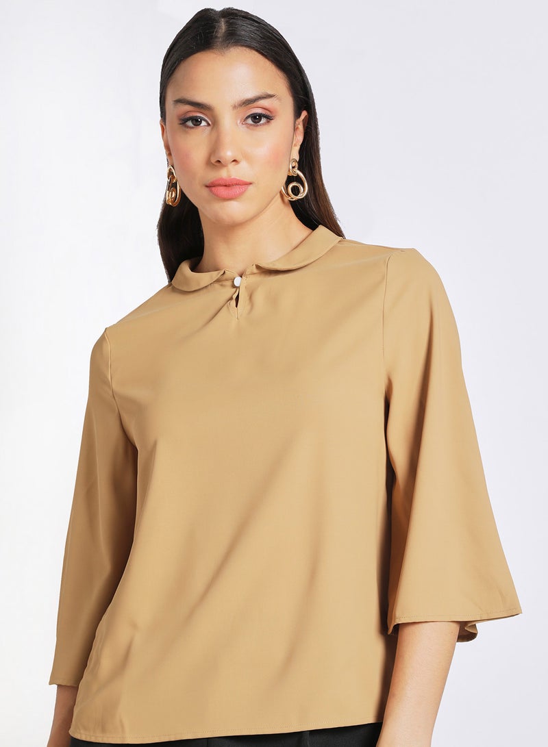 Aila - Women's Causal Half Bell Sleeve Polyester Blend Blouse With Round Neck Flat Collar Brown - Image 1